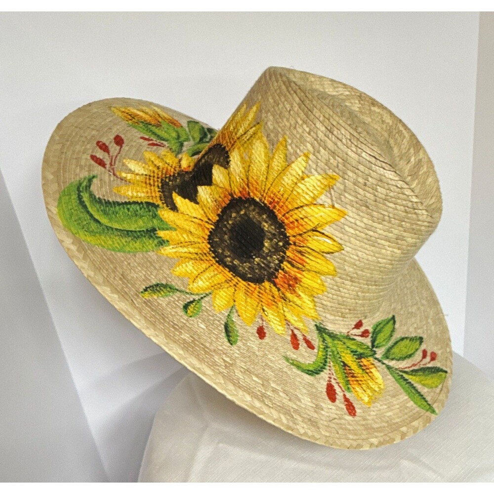 Hand-Painted Mexican Straw Sun Hat – Vibrant Artisan Sunflower Design (Size M)